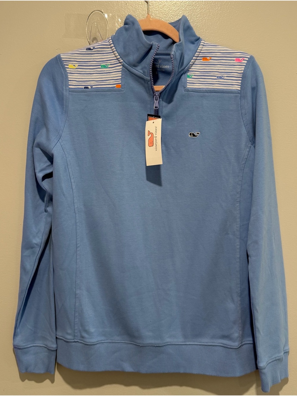 Vineyard Vines Women's Light Blue Zip-Up with Striped Whale Yoke